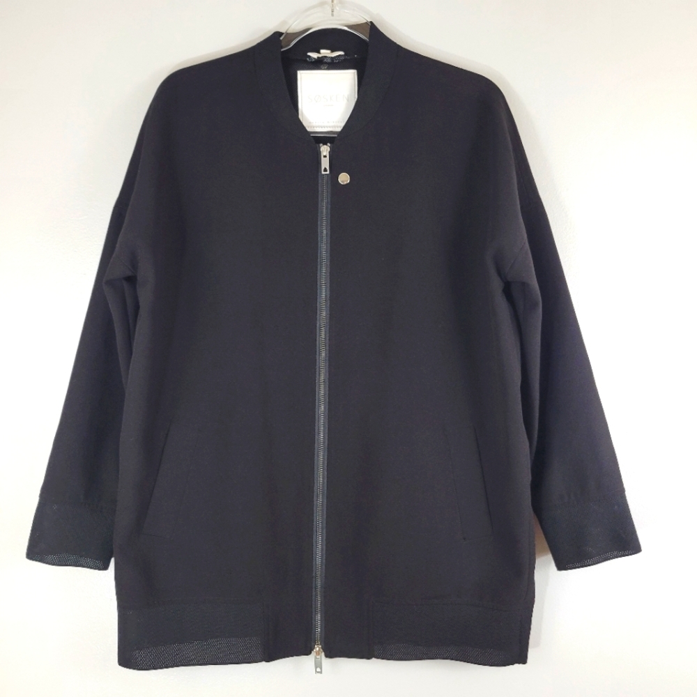 SOSKEN STUDIOS Marisa Minicucci Charlie black mesh trim zip front bomber jacket